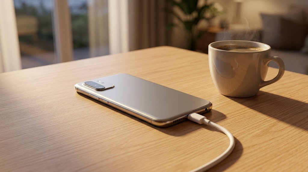 手機接著充電線放在木桌上的示意照片
